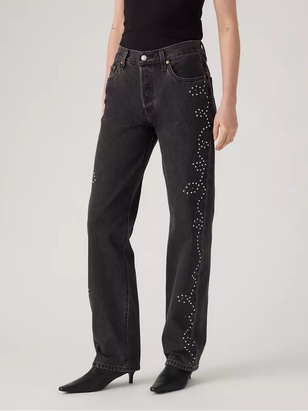Levi’s 501 90s Black Bejeweled Rhinestone Western Straight Leg Mid Rise Jean NWT
